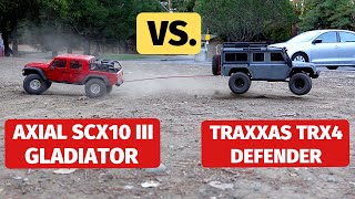 Axial Gladiator vs Traxxas Defender  SCX10 iii and TRX4 best trail crawler comparison [upl. by Aisan388]