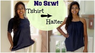 NOSEW Halter Top Tutorial  DIY TShirt Reconstruction [upl. by Renruojos380]