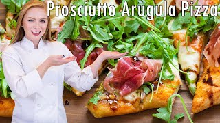 Homemade Prosciutto Arugula Pizza Recipe With Basil Pesto amp Mozzarella Cheese [upl. by Ffoeg]