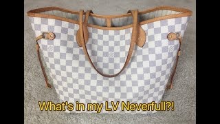 Whats in my Louis Vuitton Neverfull MM  Damier Azur Designer Handbags [upl. by Fitts]